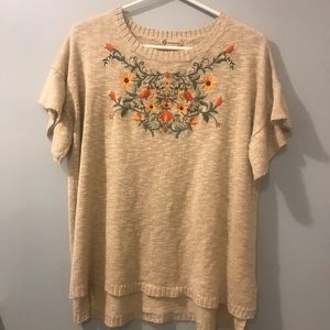 Anthropologie Beige Blouse with Floral Embroidery